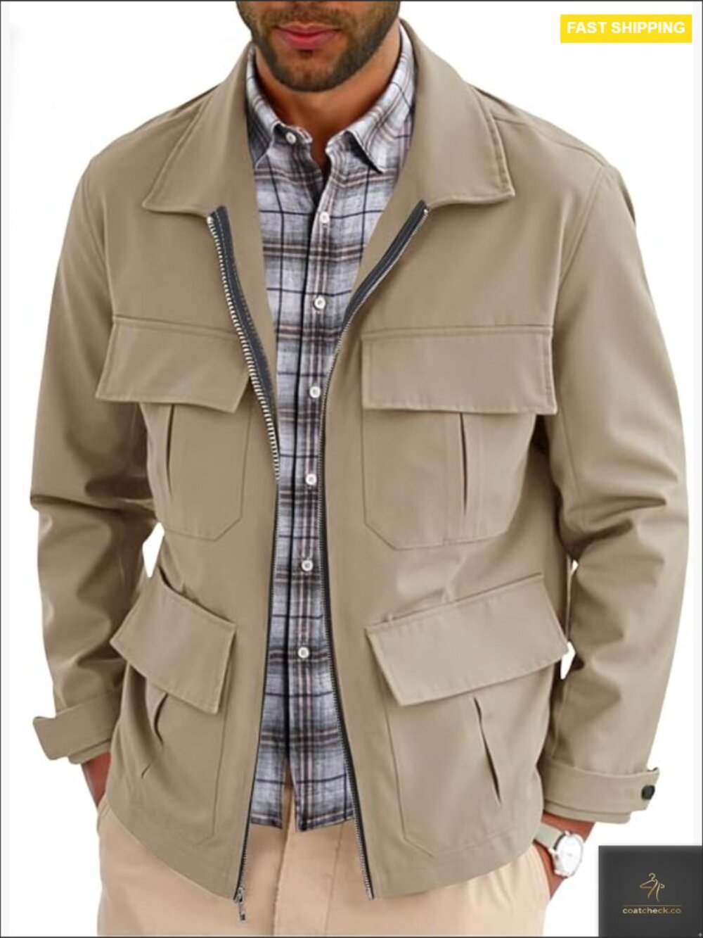 Men's Safari Jacket Full Zip Military Cargo Outdoor Windproof Field Coat Spring